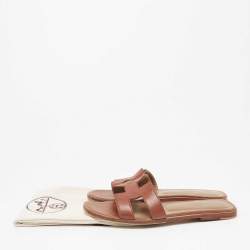 Pre Owned Hermes Brown Leather Oran Flat Slides Size 37.5