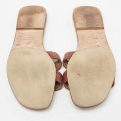 Pre Owned Hermes Brown Leather Oran Flat Slides Size 37.5