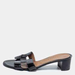 Hermes Black Patent Leather Oasis Slide Sandals Size 40.5