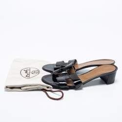 Hermes Black Patent Leather Oasis Slide Sandals Size 40.5