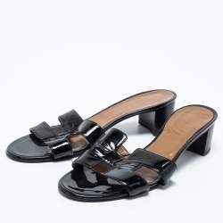 Hermes Black Patent Leather Oasis Slide Sandals Size 40.5