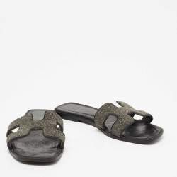 Pre Owned Hermés Black Crystal Embellished Suede Oran Flat Sandals Size 38