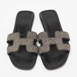 Pre Owned Hermés Black Crystal Embellished Suede Oran Flat Sandals Size 38