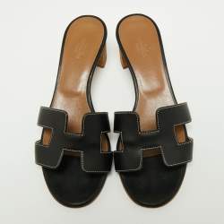 Pre Owned Hermes Black Leather Oasis Sandals Size 36.5