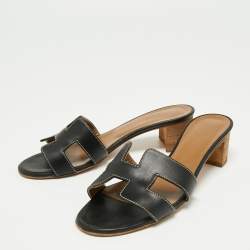 Pre Owned Hermes Black Leather Oasis Sandals Size 36.5