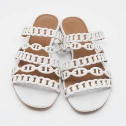 Pre Owned Hermes White Leather Thalassa Flat Slide Sandals Size 37.5