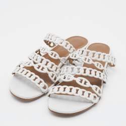 Pre Owned Hermes White Leather Thalassa Flat Slide Sandals Size 37.5
