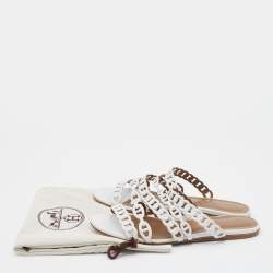 Pre Owned Hermes White Leather Thalassa Flat Slide Sandals Size 37.5