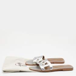Pre Owned Hermes Metallic Silver Leather Omaha Flat Slide Sandals Size 38