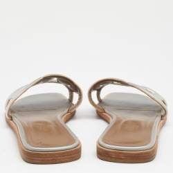 Pre Owned Hermes Metallic Silver Leather Omaha Flat Slide Sandals Size 38