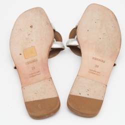 Pre Owned Hermes Metallic Silver Leather Omaha Flat Slide Sandals Size 38