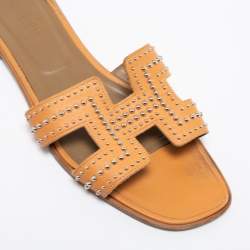 Hermes Brown Leather Studded Oran Sandals Size 41