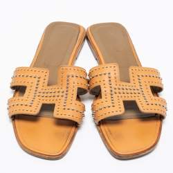 Hermes Brown Leather Studded Oran Sandals Size 41