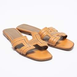 Hermes Brown Leather Studded Oran Sandals Size 41