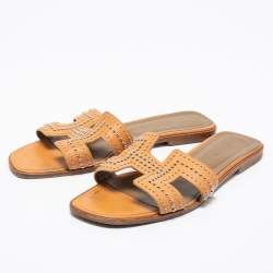 Hermes Brown Leather Studded Oran Sandals Size 41