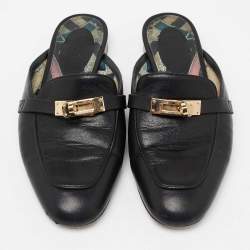 Pre Owned Hermes Black Leather Oz Mule Sandals Size 36.5