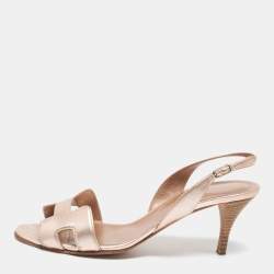 Pre Owned Hermes Metallic Bronze Leather Night Ankle Strap Sandals Size 38.5