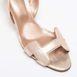 Pre Owned Hermes Metallic Bronze Leather Night Ankle Strap Sandals Size 38.5