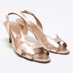 Pre Owned Hermes Metallic Bronze Leather Night Ankle Strap Sandals Size 38.5