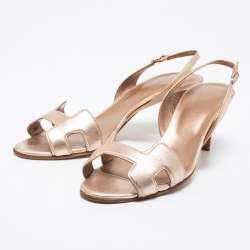 Pre Owned Hermes Metallic Bronze Leather Night Ankle Strap Sandals Size 38.5