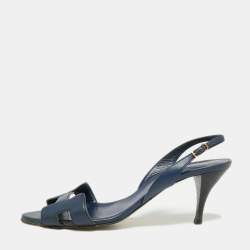 Pre Owned Hermes Navy Blue Leather Night Slingback Sandals Size 39.5