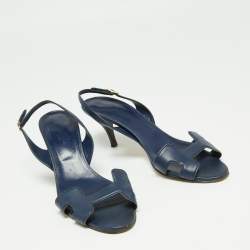 Pre Owned Hermes Navy Blue Leather Night Slingback Sandals Size 39.5