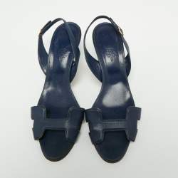Pre Owned Hermes Navy Blue Leather Night Slingback Sandals Size 39.5