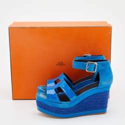 Hermes Blue Patent Leather and Suede Ilana Espadrille Wedge Sandals Size 36