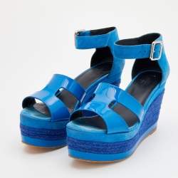 Hermes Blue Patent Leather and Suede Ilana Espadrille Wedge Sandals Size 36