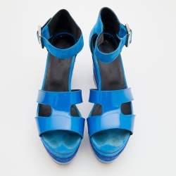 Hermes Blue Patent Leather and Suede Ilana Espadrille Wedge Sandals Size 36