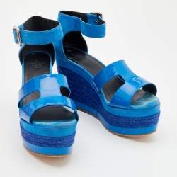 Hermes Blue Patent Leather and Suede Ilana Espadrille Wedge Sandals Size 36