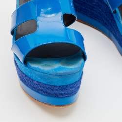 Hermes Blue Patent Leather and Suede Ilana Espadrille Wedge Sandals Size 36