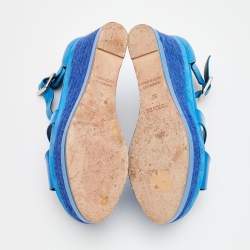 Hermes Blue Patent Leather and Suede Ilana Espadrille Wedge Sandals Size 36