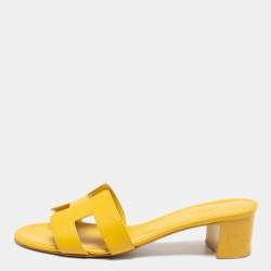 Pre Owned Hermes Yellow Leather Oasis Slide Sandals Size 37.5