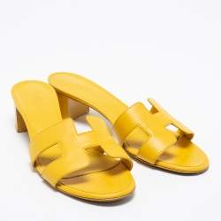 Pre Owned Hermes Yellow Leather Oasis Slide Sandals Size 37.5