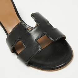 Hermes Black Leather Oasis Slide Sandals Size 36.5