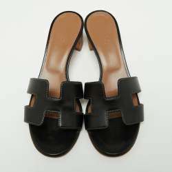 Hermes Black Leather Oasis Slide Sandals Size 36.5