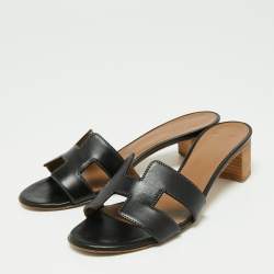 Hermes Black Leather Oasis Slide Sandals Size 36.5