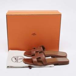 Pre Owned Hermes Brown Leather Oran Flat Slides Size 36