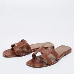 Pre Owned Hermes Brown Leather Oran Flat Slides Size 36