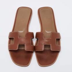 Pre Owned Hermes Brown Leather Oran Flat Slides Size 36
