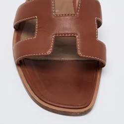 Pre Owned Hermes Brown Leather Oran Flat Slides Size 36