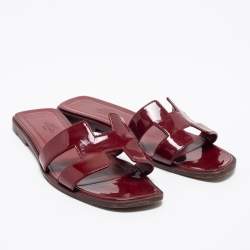 Pre Owned Hermès  Burgundy Leather Oran Flat Sandals Size 37
