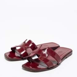 Pre Owned Hermès  Burgundy Leather Oran Flat Sandals Size 37