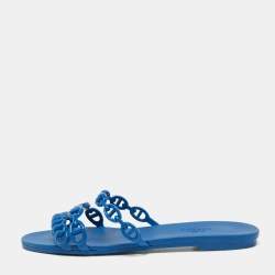 Hermés Blue Rubber Chaîne d'Ancre Rivage Flat Slides Size 36