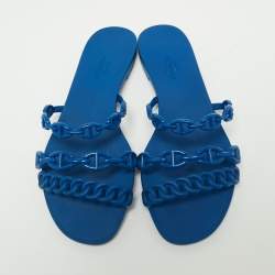 Hermés Blue Rubber Chaîne d'Ancre Rivage Flat Slides Size 36