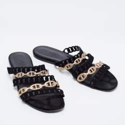 Pre Owned Hermès Black/Gold Suede and Leather D'ancre Chaine Flat Slides Size 39