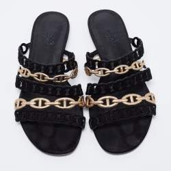 Pre Owned Hermès Black/Gold Suede and Leather D'ancre Chaine Flat Slides Size 39
