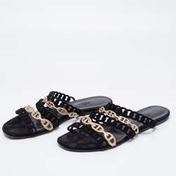 Pre Owned Hermès Black/Gold Suede and Leather D'ancre Chaine Flat Slides Size 39