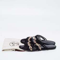 Pre Owned Hermès Black/Gold Suede and Leather D'ancre Chaine Flat Slides Size 39